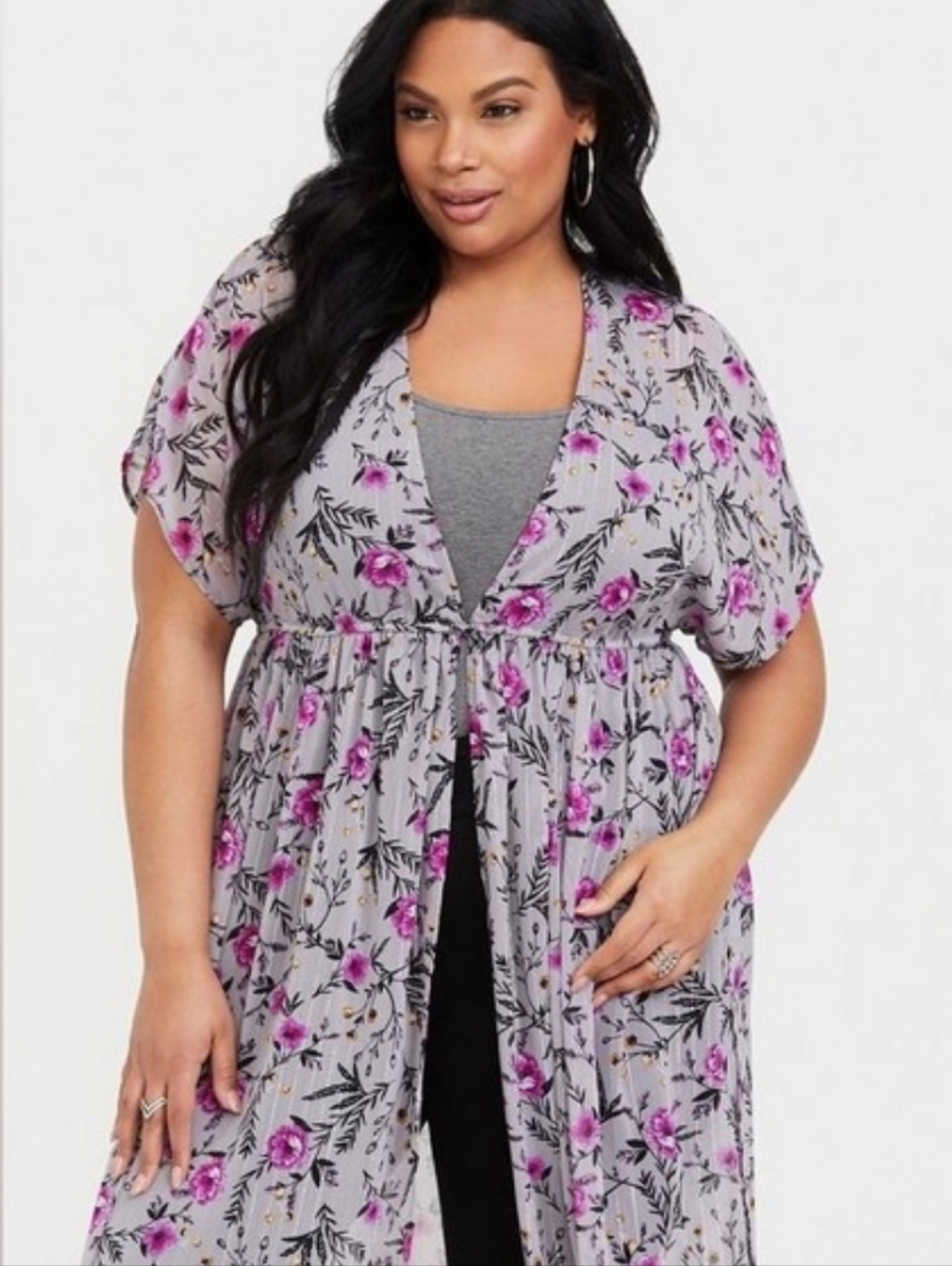Torrid Gray Floral Lurex Sheer Kimono Duster